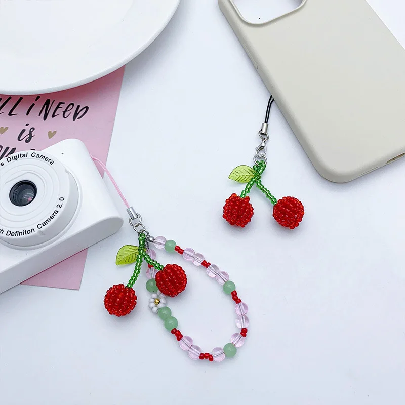 INS Style Cherry Mobile Phone Straps Pendant Women Sweet Fruit Keychain Lanyard Bags Camera Decoration For iPhone Case