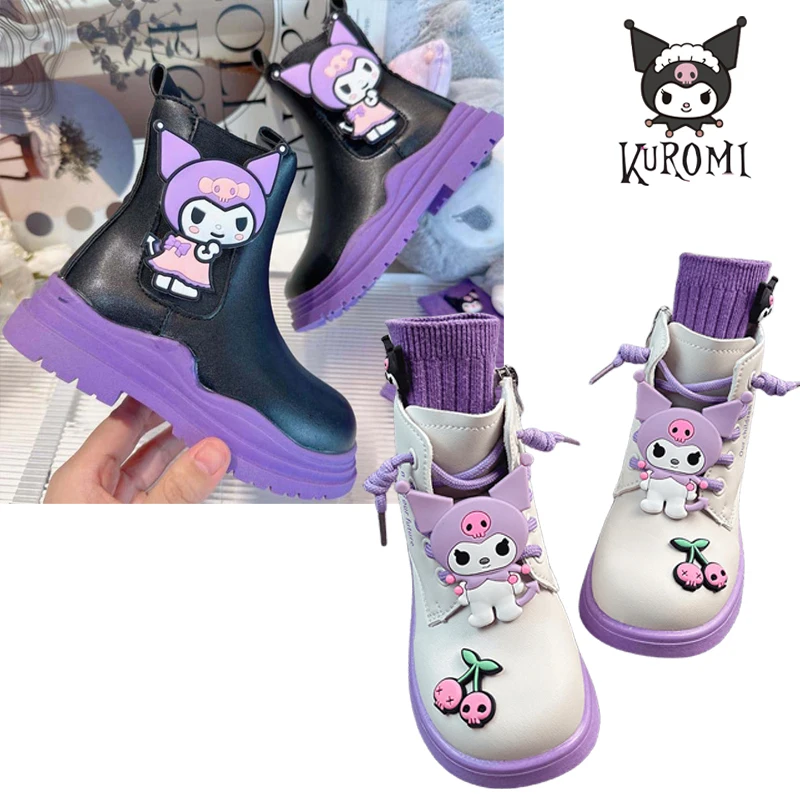 Anime Sanrios Kuromi Kawaii Kids Boots High Top Nonslip Water Proof Martin Boot Outdoor Cute Spring Autumn Pu Comfy Casual Shoes