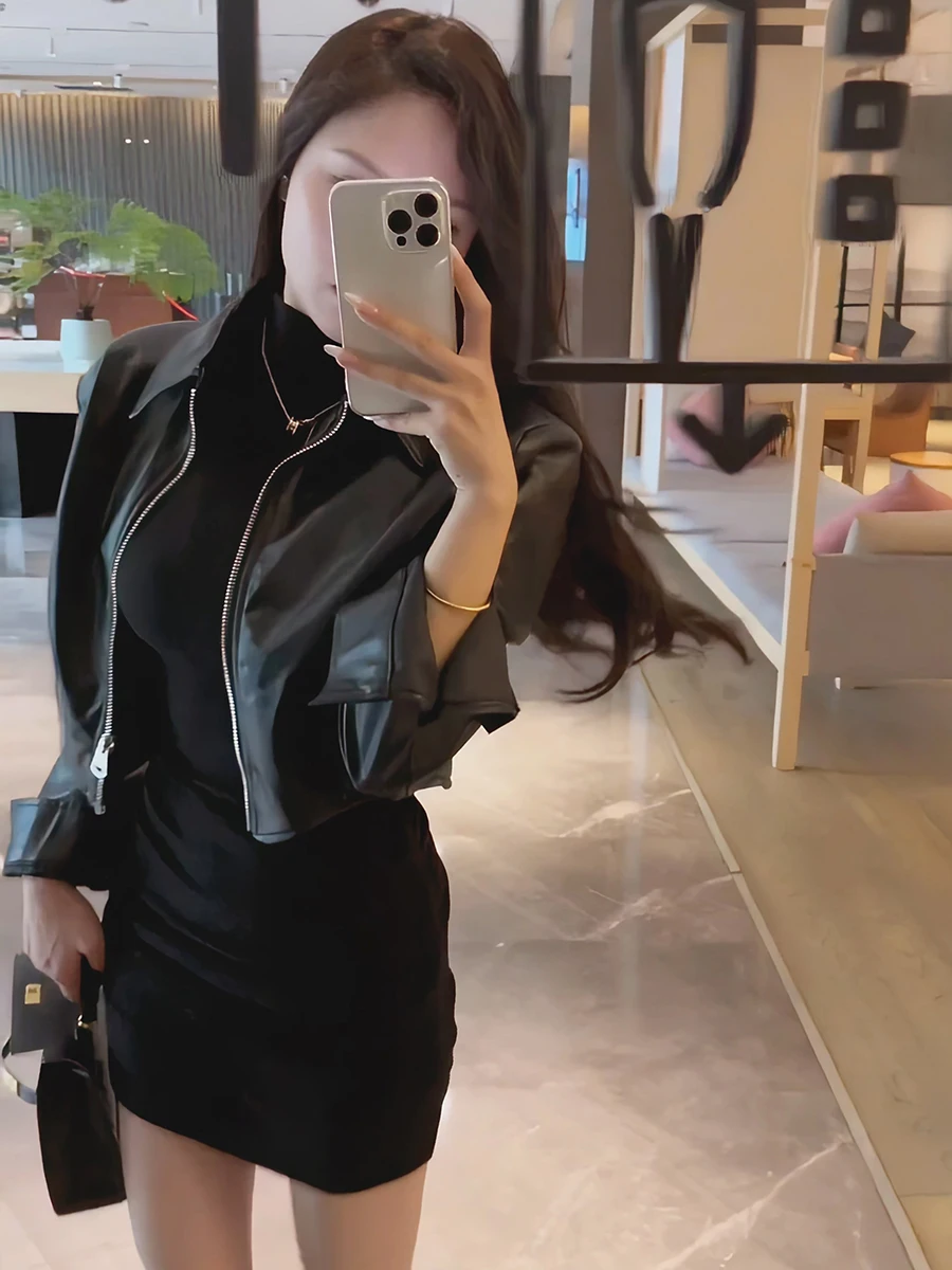 Ele ort Bla Couro Jaet Feminino Sle 2026 Nova Primavera High-End Feel Tamanho Pequeno Street Faion Fechamento com Zíper