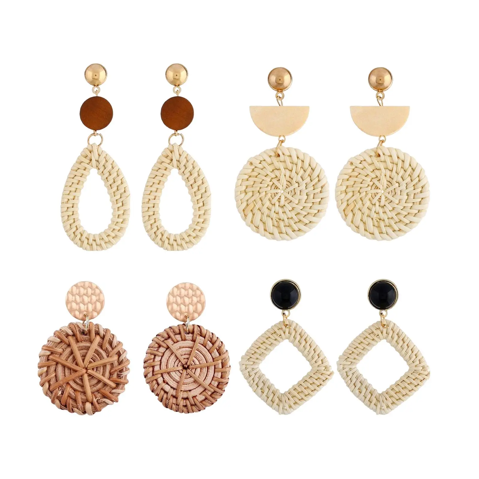 4 Pairs Rattan Earrings Braid Bohemian Straw Woven Gifts Statement Geometric Drop Dangle Earrings Jewelry for Summer Beach