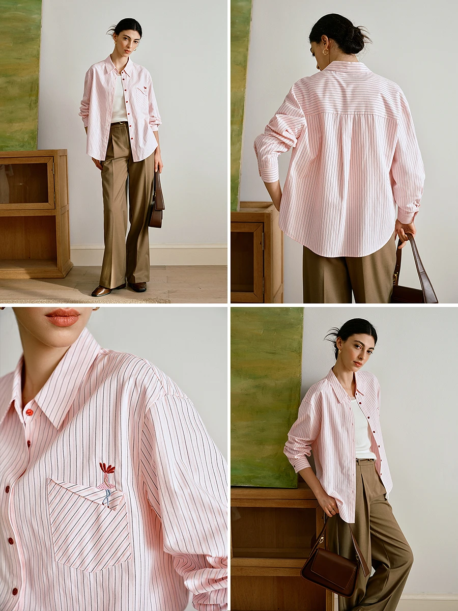 OLrain قمصان غير رسمية متعددة الاستخدامات للنساء 2025 خريف جديد ركاب نحيل مخطط قميص علوي للسيدات بلوزة بأكمام طويلة M57QC000129