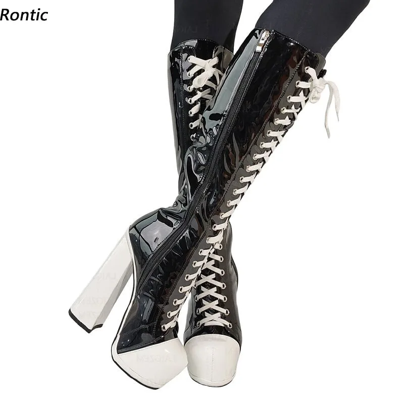 Rontic Women Winter Knee Boots Side Zipper Shiny Boots Hoof High Heels Round Toe Pretty Black Red Green Club Shoes US Size 5-20