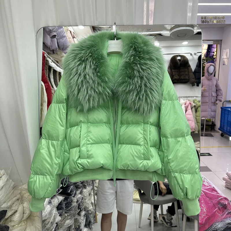 

Winter Big Fur Collar Natural Short Down Jacket Female Warm Thick Solid Quilted Jacket Women 90 White Duck Down Outwear Parker