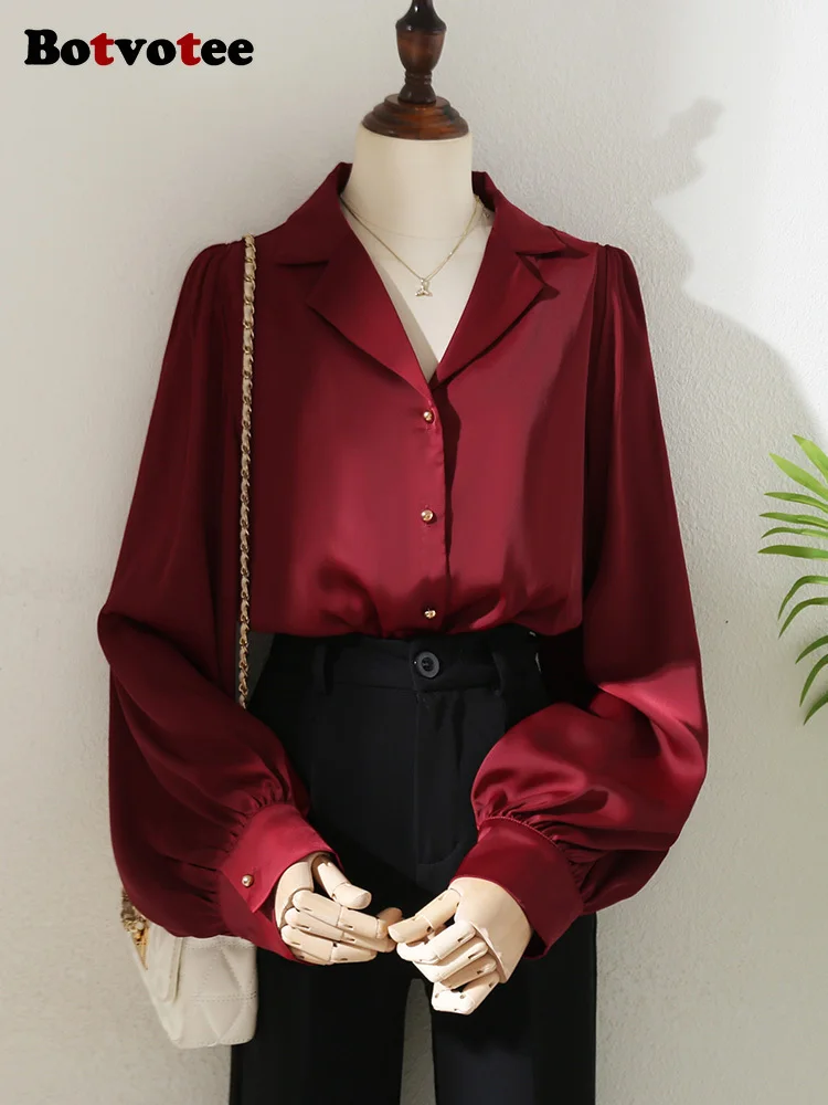 

Botvotee 2025 Angora Red Notch Lapel Satin Blouse Women - Spring/Autumn Elegant Office Shirt with Droopy Drape Long Sleeve Tops
