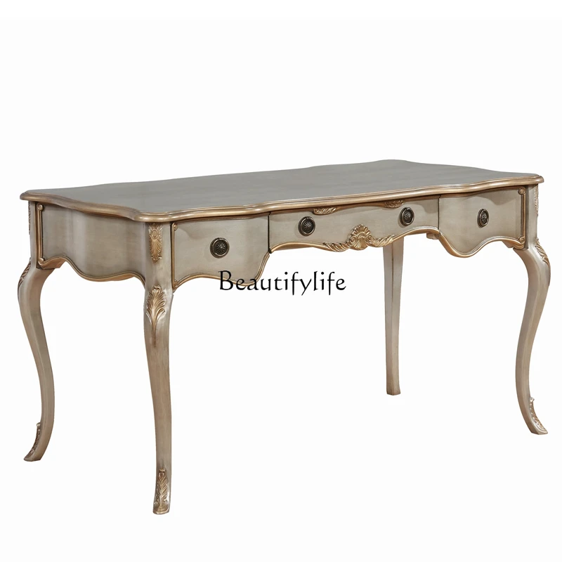 

*American retro solid wood desk and chair French gray engraving gold painting old