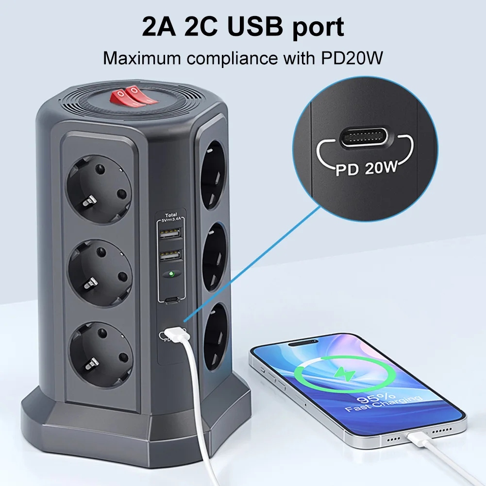 EU 12-bit Universal Socket 4000W 16A with 1.8M Extension Cable 2 USB A and 2 USB C Ports PD20W Top Merge Switch for Office Home