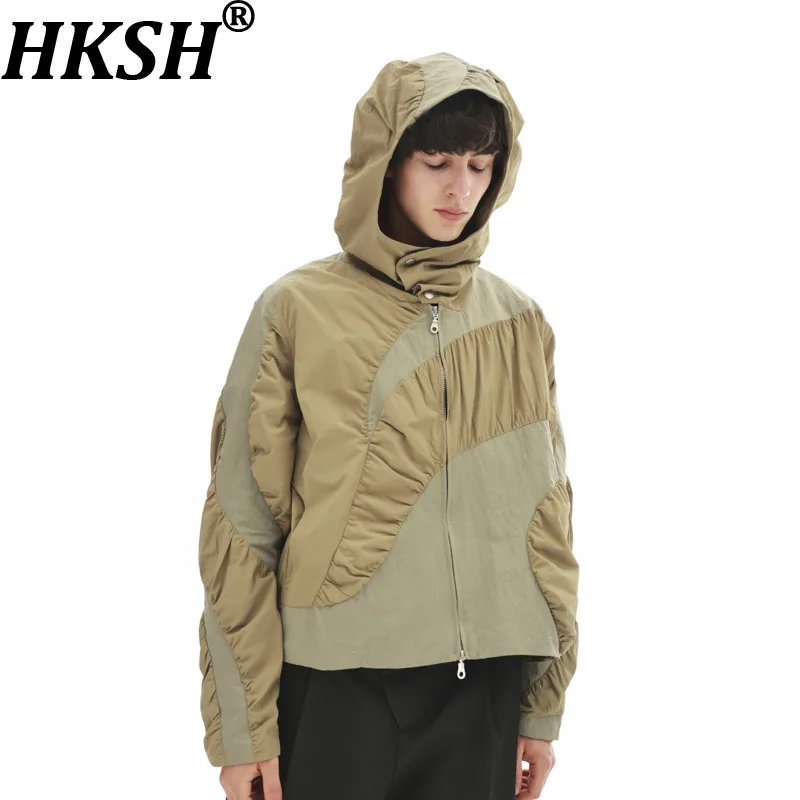 HKSH Autumn Winter New Men Tide Chic Ins Pleated Jacket Deconstructed Silhouette Structured Lines Patchwork Hooded Coats HK27842