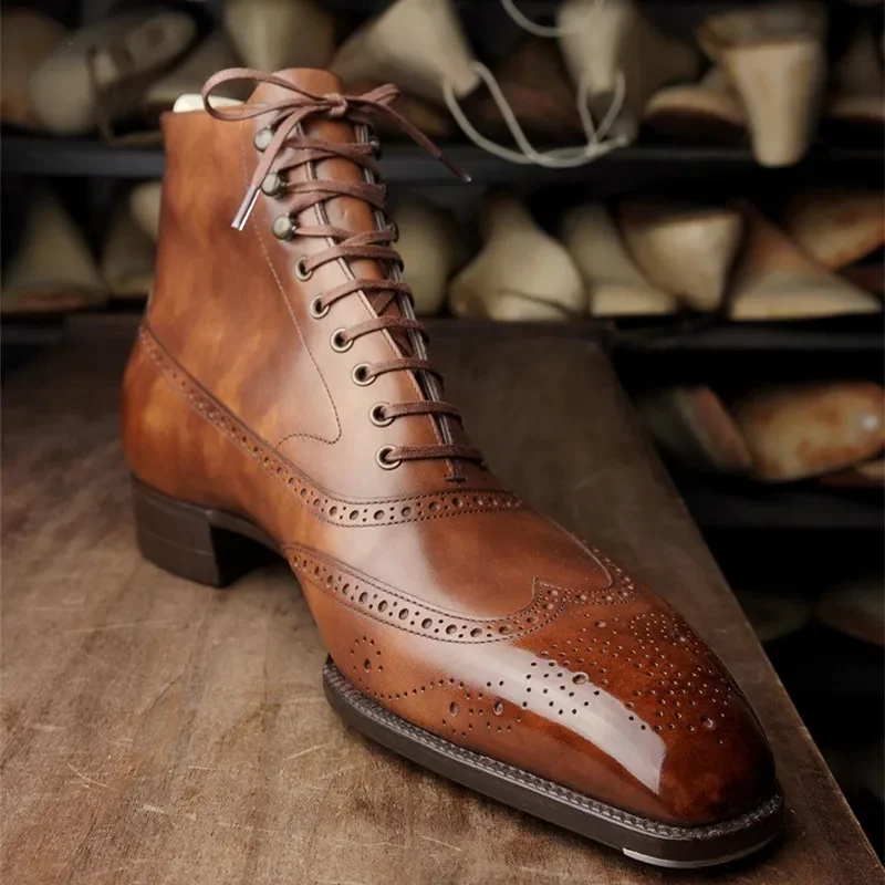 Brown Brogue Men Short Boots Lace-up Ankle Handmade Square Toe Motorcycle Boots with Men Boots Zapatos Hombre