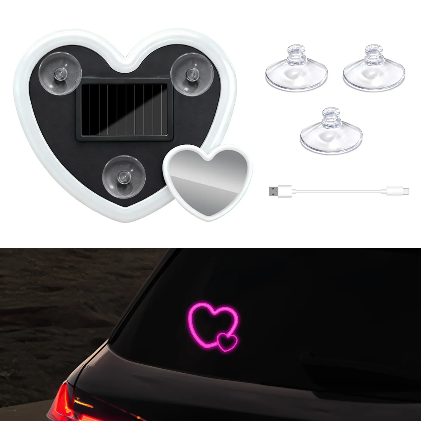 Car Neon Light Solar Powered Wireless Cute Heart Shaped Led Ambient Light Suction Cup USB Rechargeable Atmosphere Breathing Lamp