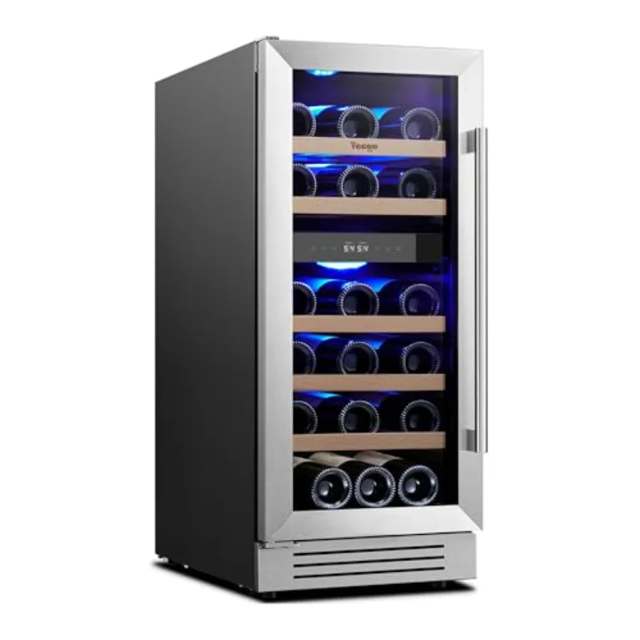 

Home bar wine cooler: stainless steel, black, dual-zone temperature control 40-65F,28-bottle capacity, glass door, adjustable s