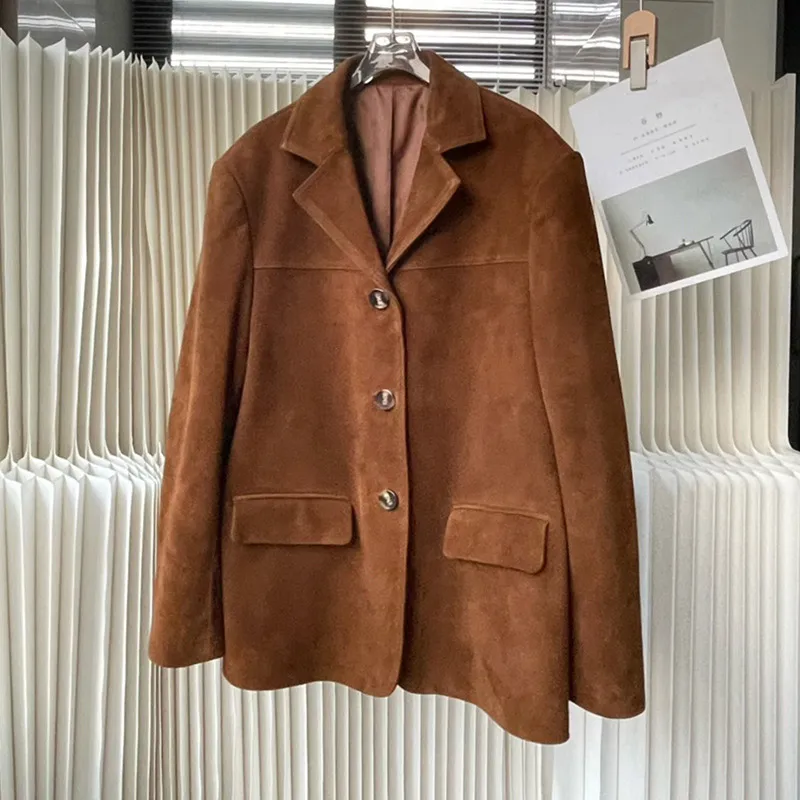 2024 New Brown Real Leather Women Suede Coat Button Outfit Spring Autumn Women Fashion Female Outwear