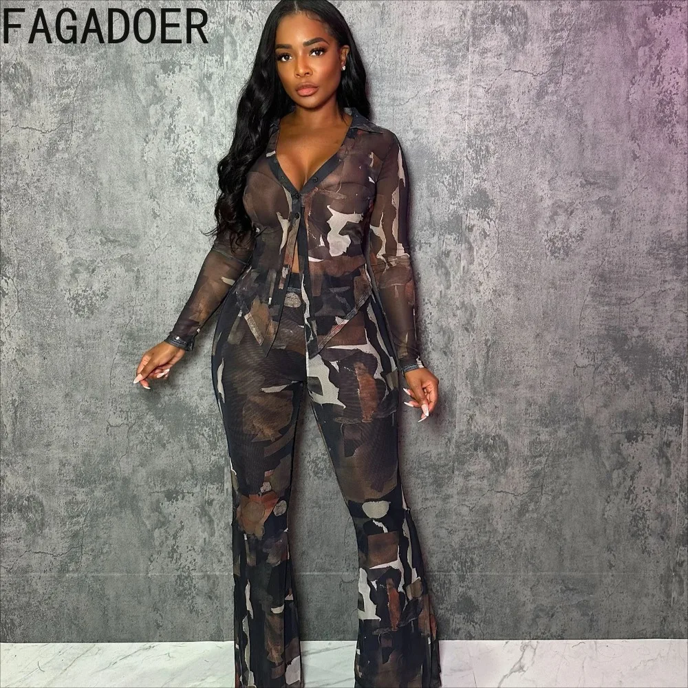 FAGADOER Printing Mesh 2 Piece Sets Women Outfit Sexy See Through V-neck Buttons Top And High Waist Flare Pants Elegant Suits