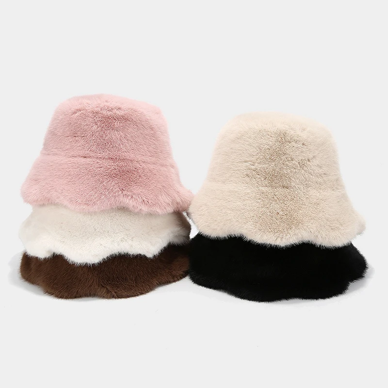 

Women Winter Warm Classic Luxury Caps Ruffles Bucket Hat Windproof Cold-proof Lady Fashion Faux Fur Bucket Cap