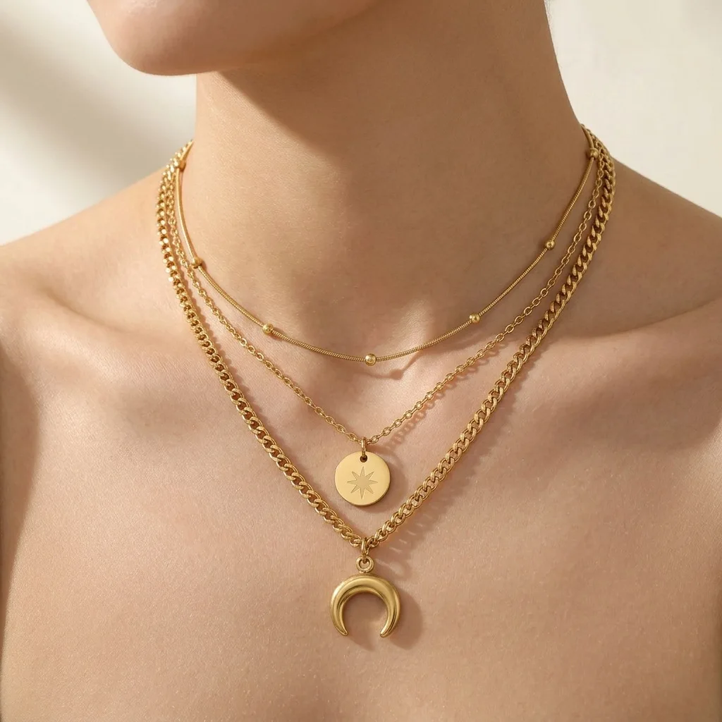 Kuziduocai 100% Stainless Steel New Fashion 18K Gold-plated Stars Moon Unique Jewelry Set Charm Chain Women Necklaces Bracelets