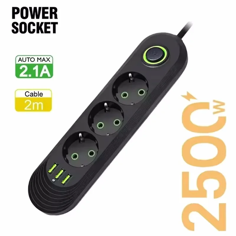 2500W Power Strip with 3 USB Ports, EU Plug