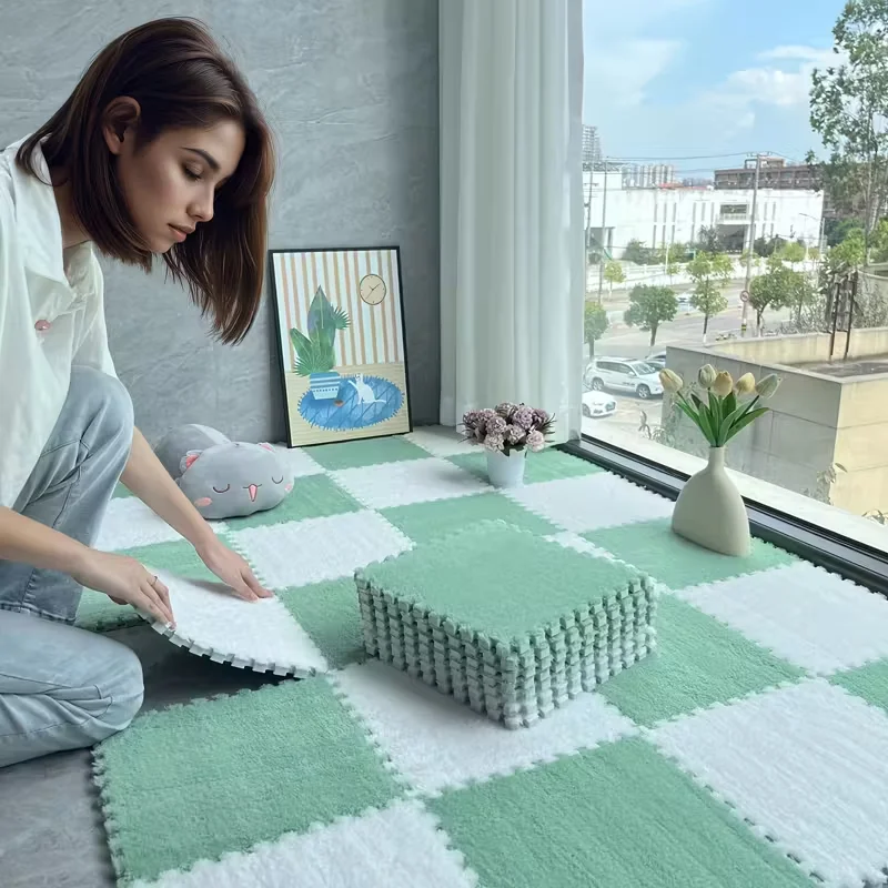Soft Plush Foam Puzzle Mat Carpet Tiles for Living Room Bedroom Baby Play Area Non-Slip Interlocking Floor Rug Baby Play Mat