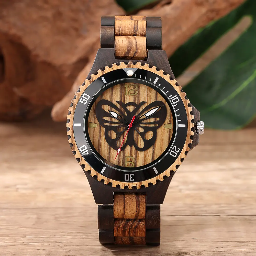 

Vintage Ebony Wood Watches Men Butterfly Dial Three-bead Gold Analog Precise Quartz Watches Full Wooden Band Top Luxury Clock