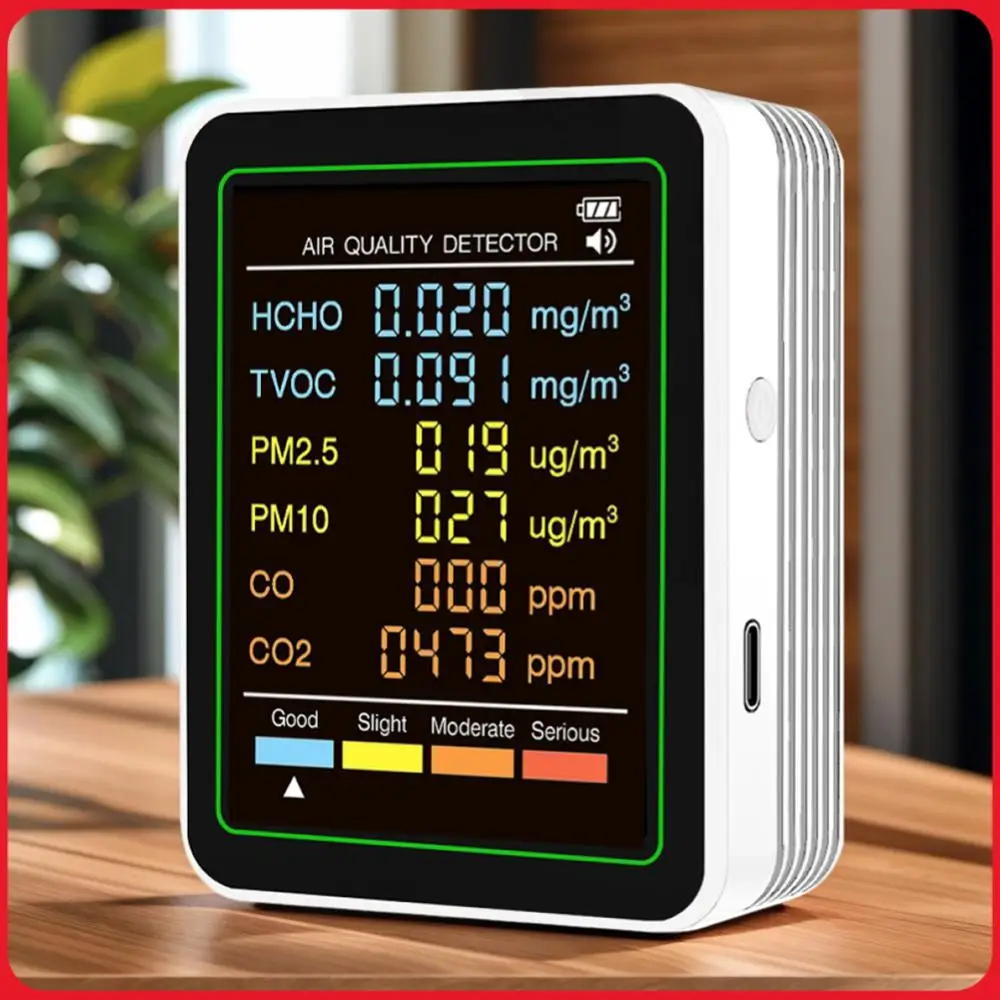 

6-in-1 Air Quality Meter Real-Time CO2 Tester Portable Temperature Humidity Detector for Office School & Hotel