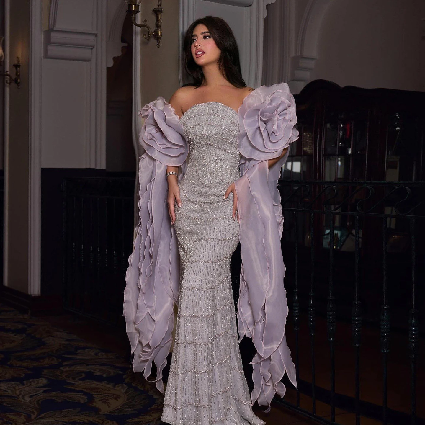 Sharon Said Luxury Mermaid Lilac Arabic Evening Dress with 3D Flower Ruffles Strapless Wedding Party Gowns SS246 Customized