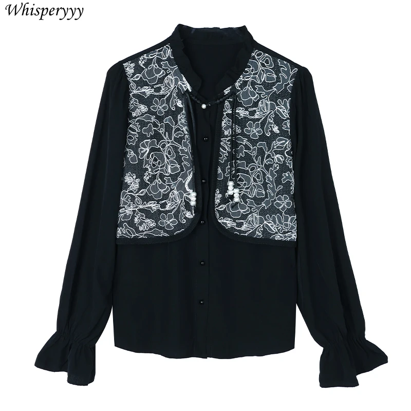 New Chinese Style Shirt Women's  Embroidered Flare Sleeve Tops Femme Spring Fashion Casual Ruffled Collar Blouse for Ladies