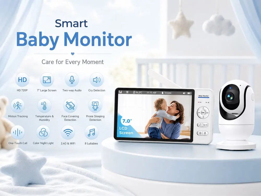 Babyphone mit Kamera und Audio 7 Zoll Großer Bildschirm Digitaler Videomonitor Zwei-Wege-Kommunikation Nachtsicht Temperaturanzeige Beruhigende 8 Schlaflieder 355 ° Schwenk-Neige-Babykamera mit Elternbildschirm für Neugeborene, Säuglinge, Kinderzimmer und Zuhause – Detail 2