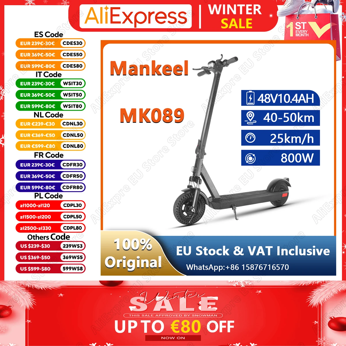 MK089 E-Scooter 800W Peak power 48V10.4Ah Battery Foldable Portable Electric Scooter Aldult 10