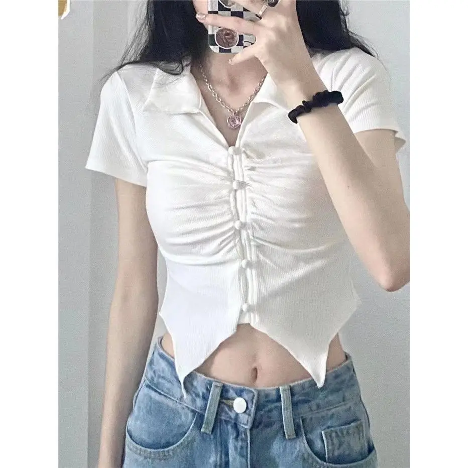 Słodka i fajna koszulka polo z klapami Biała koszulka z krótkim rękawem dla kobiet w lecie Nowe gorące dziewczyny Slim Short Navel Top Trendy