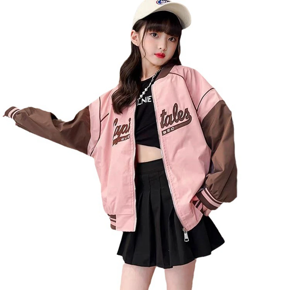 New Spring Autumn Jacket for Girls Black Sport Coat Kids Fashion Baseball Uniform Outerwear Bomber Jacket 4 5 6 8 10 11 12 14Y