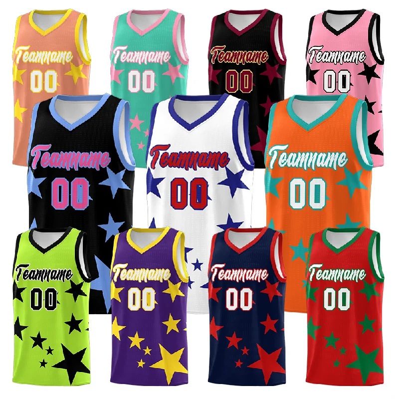 

Custom Basketball Jersey Shorts Set for Adults and Youth Contrast Strap Design with Large Star Print Sublimated Sports Uniform