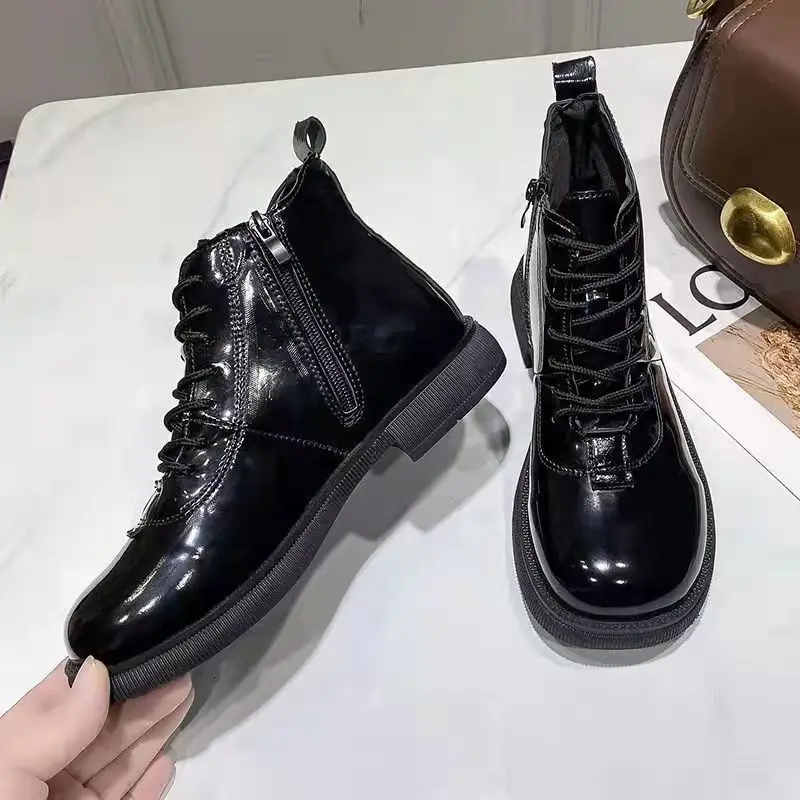 Black Short Shoes for Women Female Ankle Boots Lace-up with Laces Leather Round Toe Footwear Booties Comfortable and Elegant Y2k