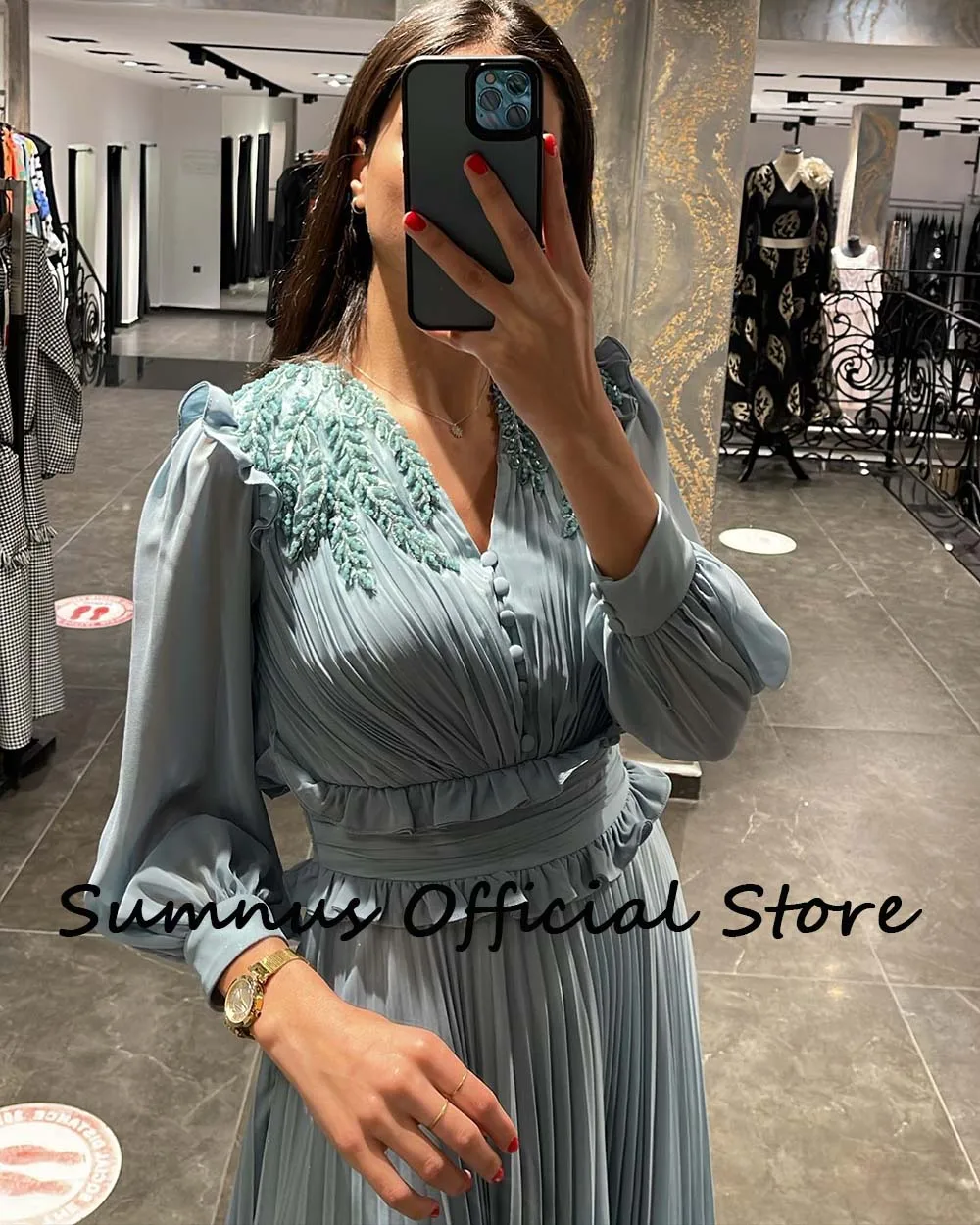 Sumnus White Chiffon Long Sleeve Evening Dresses Beads V Neck Pleats Ruched Midi Prom Party Dress Customized Dubai Formal Gowns