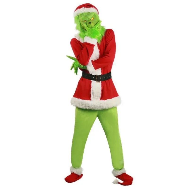 Santa Cosplay Costume Grinch Green Hairy Monster Party Dress Christmas Tops Pants Hat Gloves Shoes Cover Mask Family Outfit