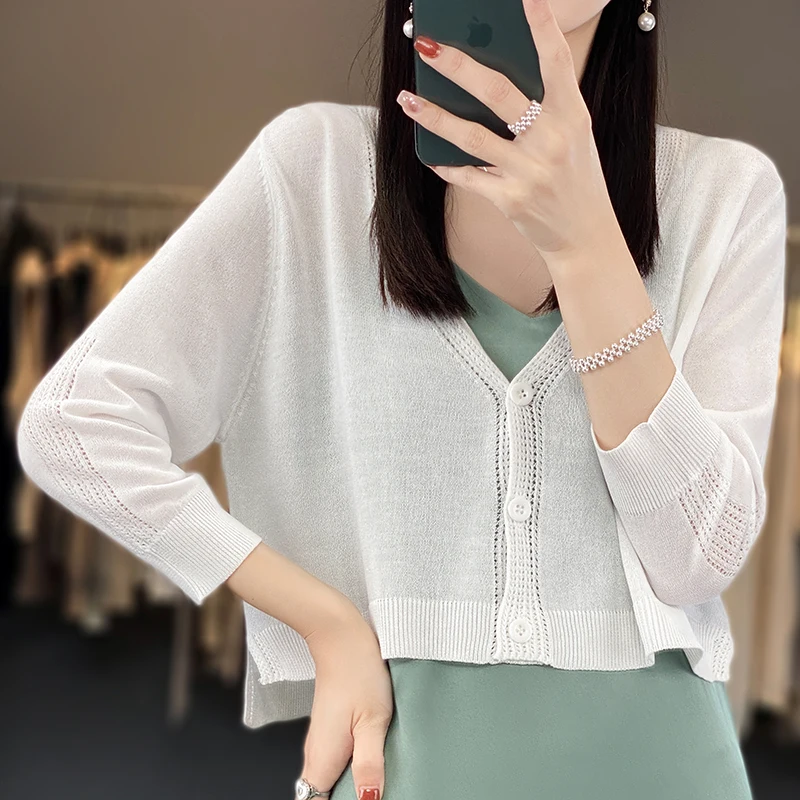 Women's Linen Sunblock Shirt Short Button Cardigan Casual Simple Halter Long Sleeve Air Conditioning Shirt New Model 2024