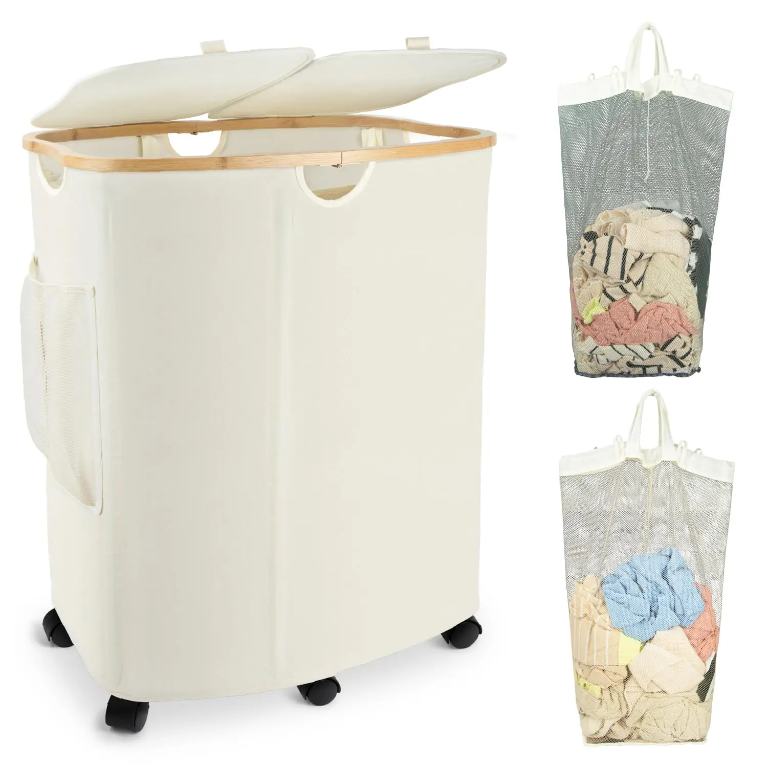 

Laundry Hamper 150L Laundry Basket with Lid Wheels Removable Laundry Bag and Side Pocket Dirty Clothes Hamper