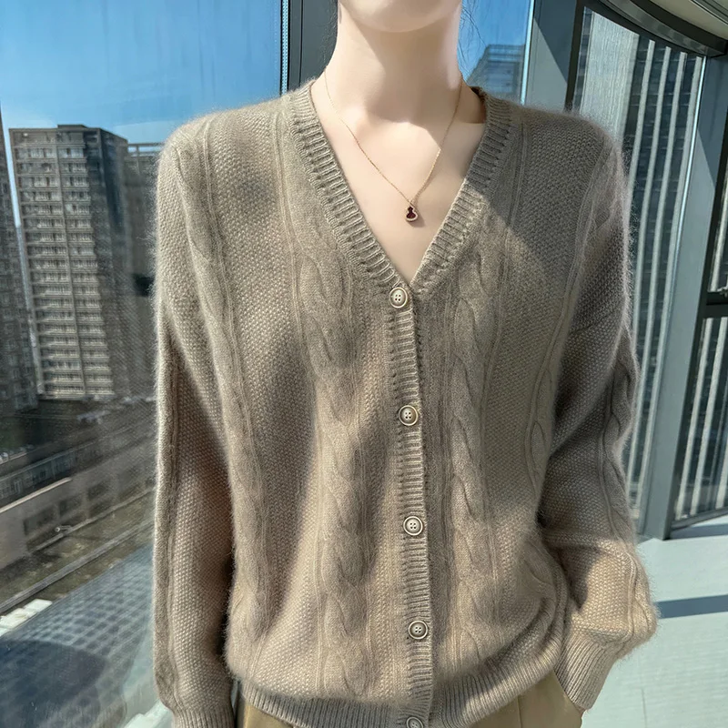 100% Pure Mink Cashmere Jacquard Cardigan Women's V-Neck Twist Knit Coat Fashion Loose Warm Blouse Autumn New Animal Hair Jacket