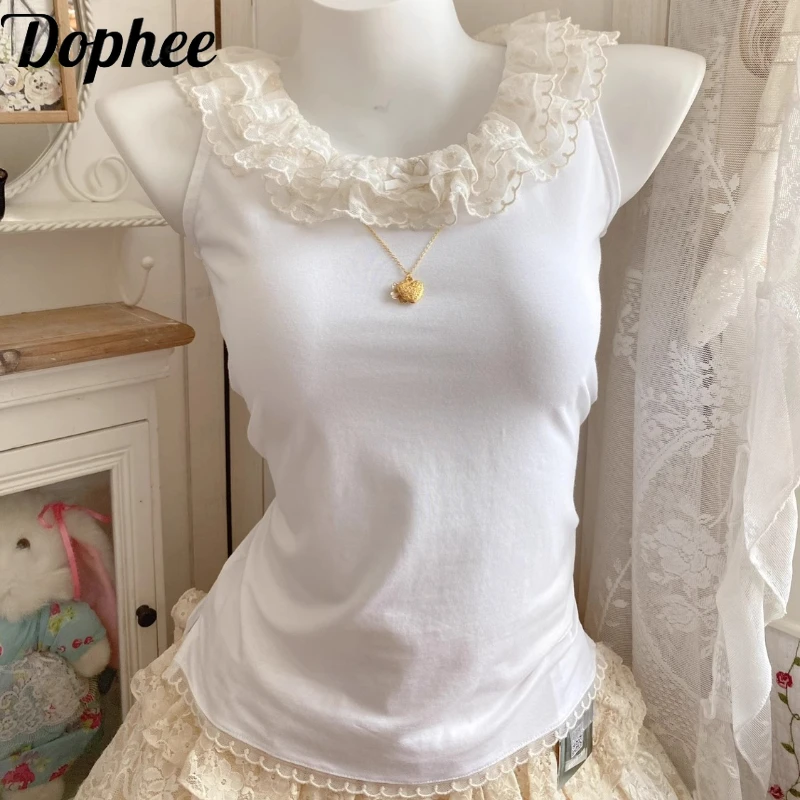 

Dophee Original Summer Women Sleeveless T-shirt Sweet Girl Lace Ruffles Slimming Tanks Top All-match Vintage Cotton Camisole