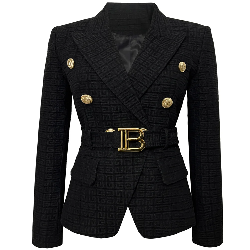 2024 Classic Metal Lion's Head Buckle Blazers for Women Checkered Jacquard New in Outerwears Luxury Belts Slim Fit Suit 5XL