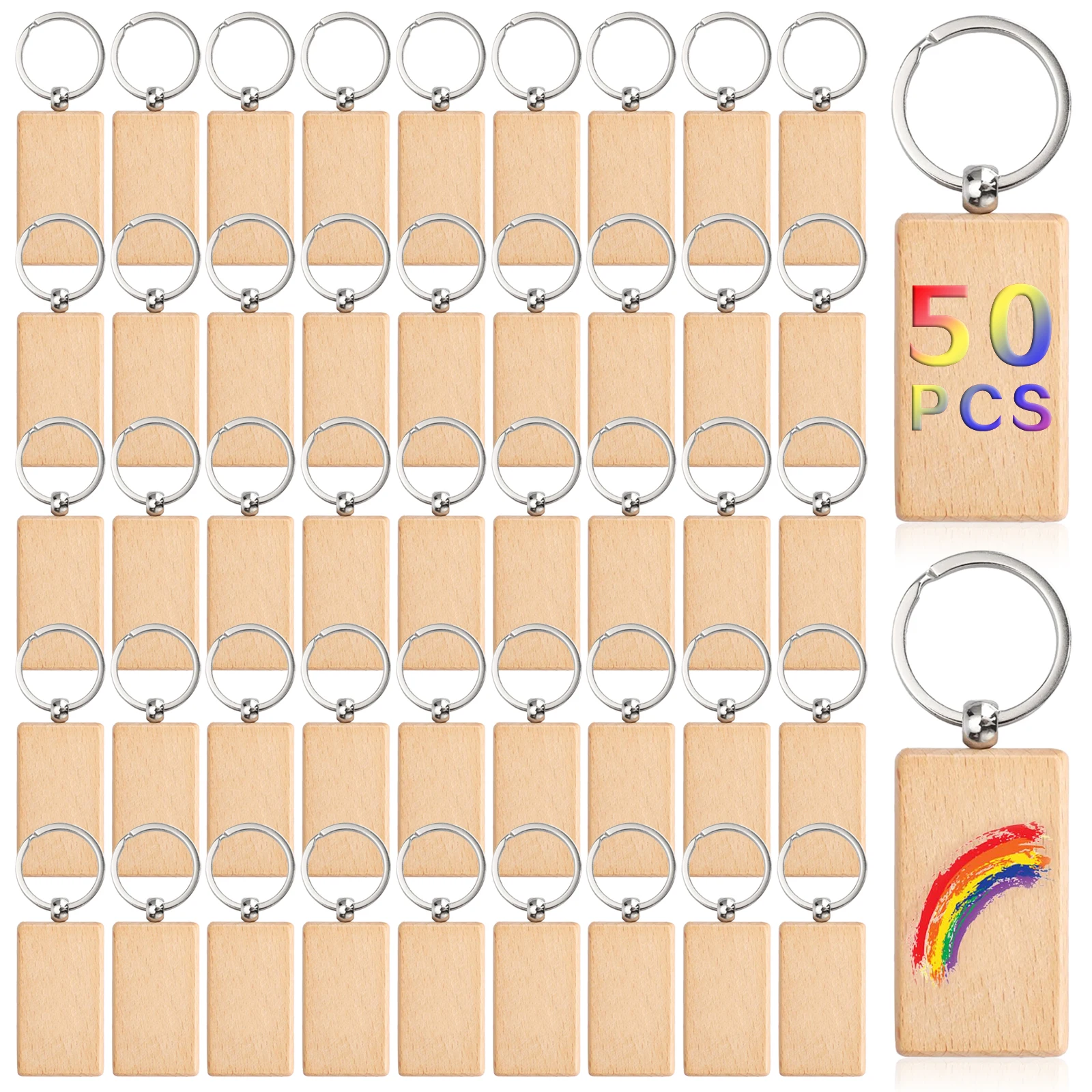 

50Pcs Blank Wooden Keychain Rectangle Wood Keyrings Key Chain Tags Wood Keychains Key Ring DIY Craft