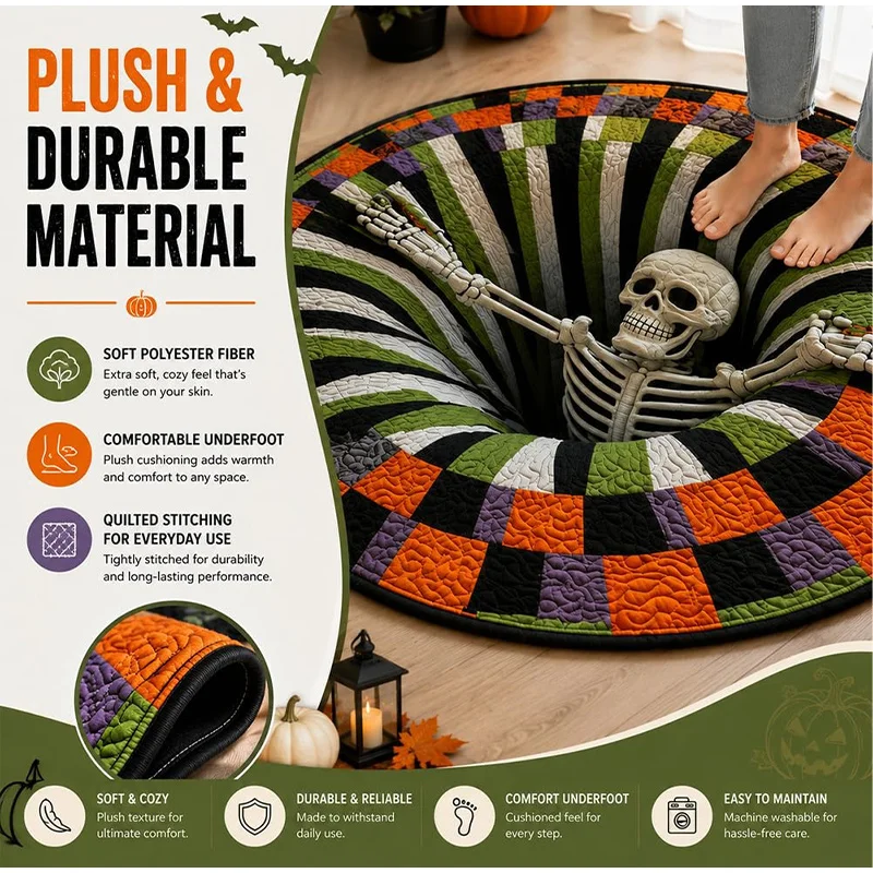 Halloween 3D Visual Floor Mat Living Room Round Anti Slip Backing Rug Immersive 3D Illusion Halloween Spopky Horror Decor Gift