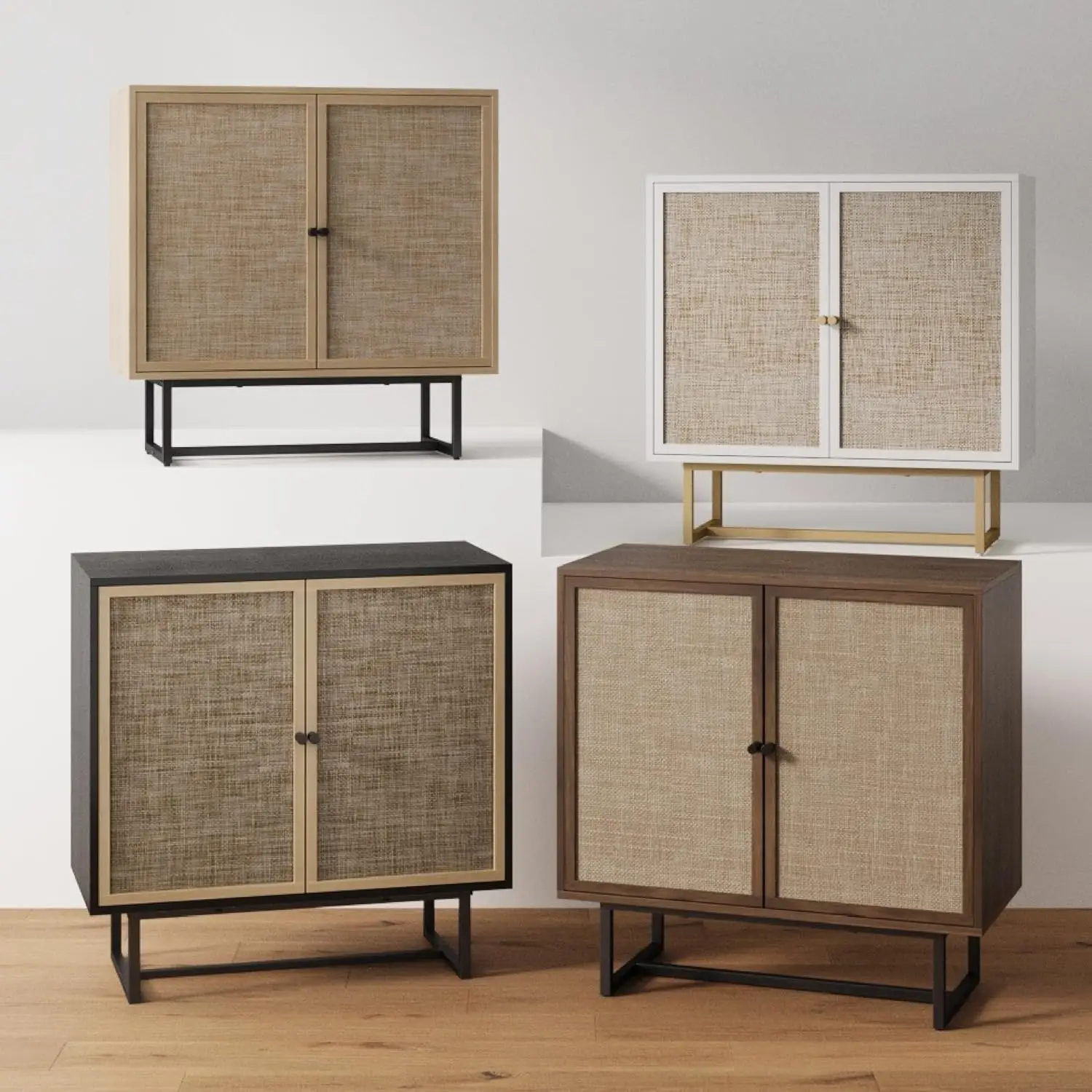 Sideboard Storage Cabinet in Light Wood and Rattan with Metal Frame, Adjustable Shelves and Cane Doors,