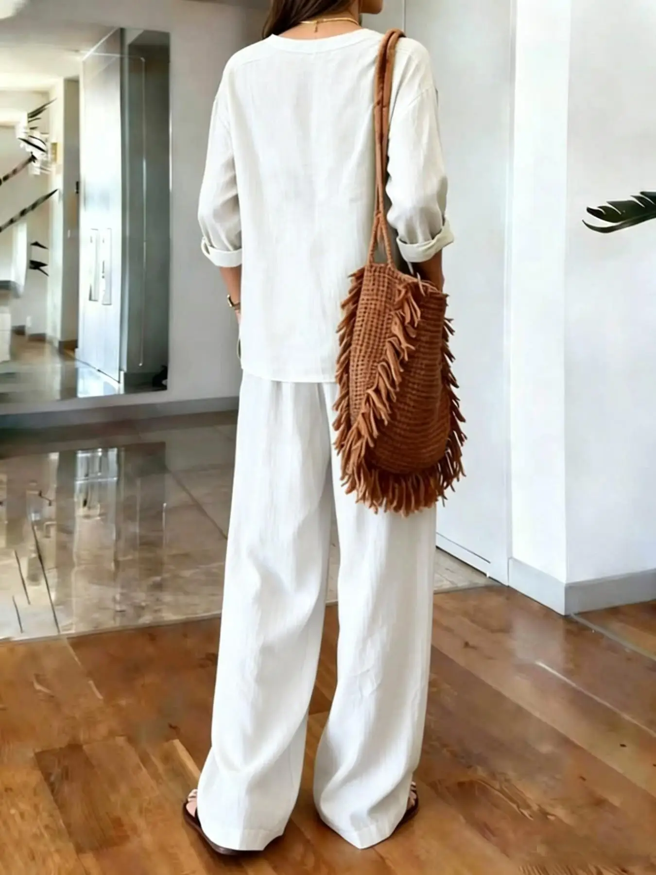 Ladies Solid Color Two-Piece Set Casual V-Neck Top And Wide Leg Pants Summer Loose Comfortable Clothing