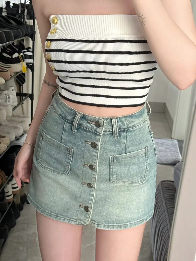 

Oversized Vintage Denim Short Skirt Women Summer New High Waist Single Breasted Pockets Pantskirts Fashion Niche Slim Skirts