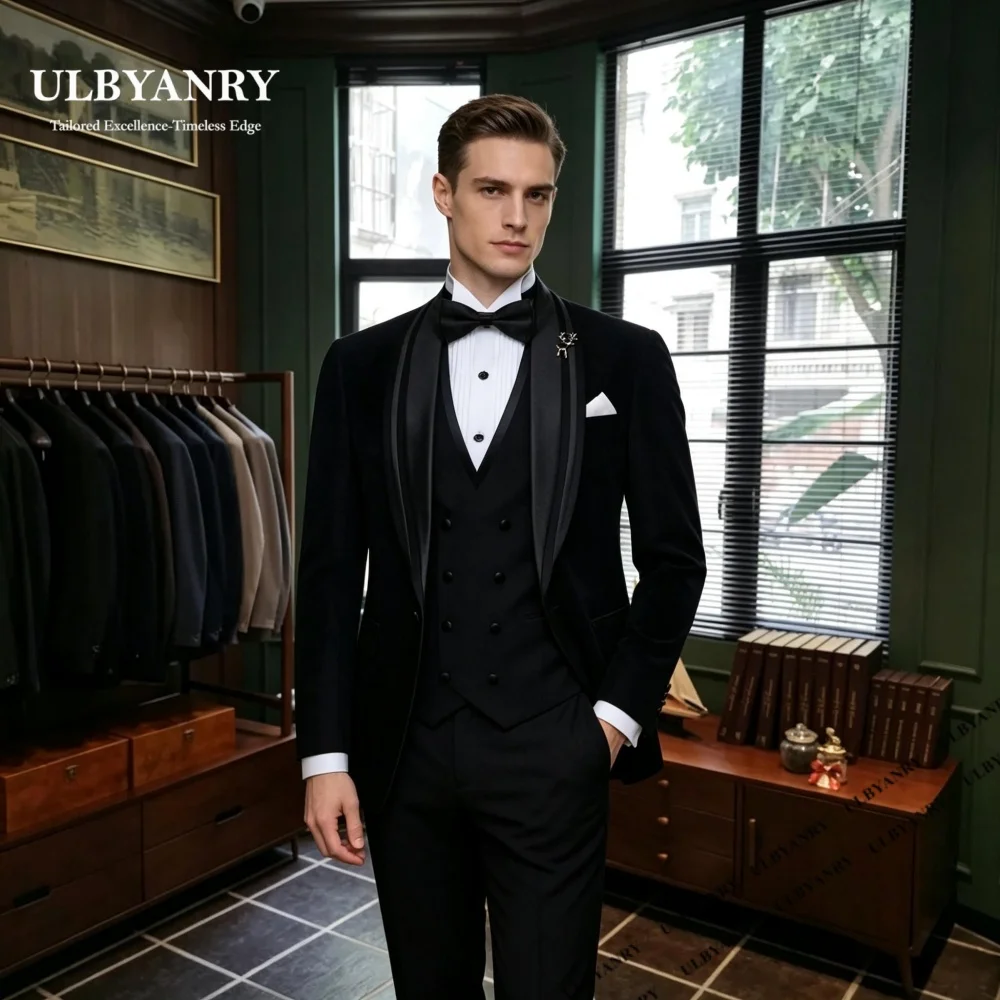 Classic Three Piece Suit Set for Men, Velvet One Button Suit Jacket, Double-Breasted Vest Wedding Groom Suit Set XXS-7XL
