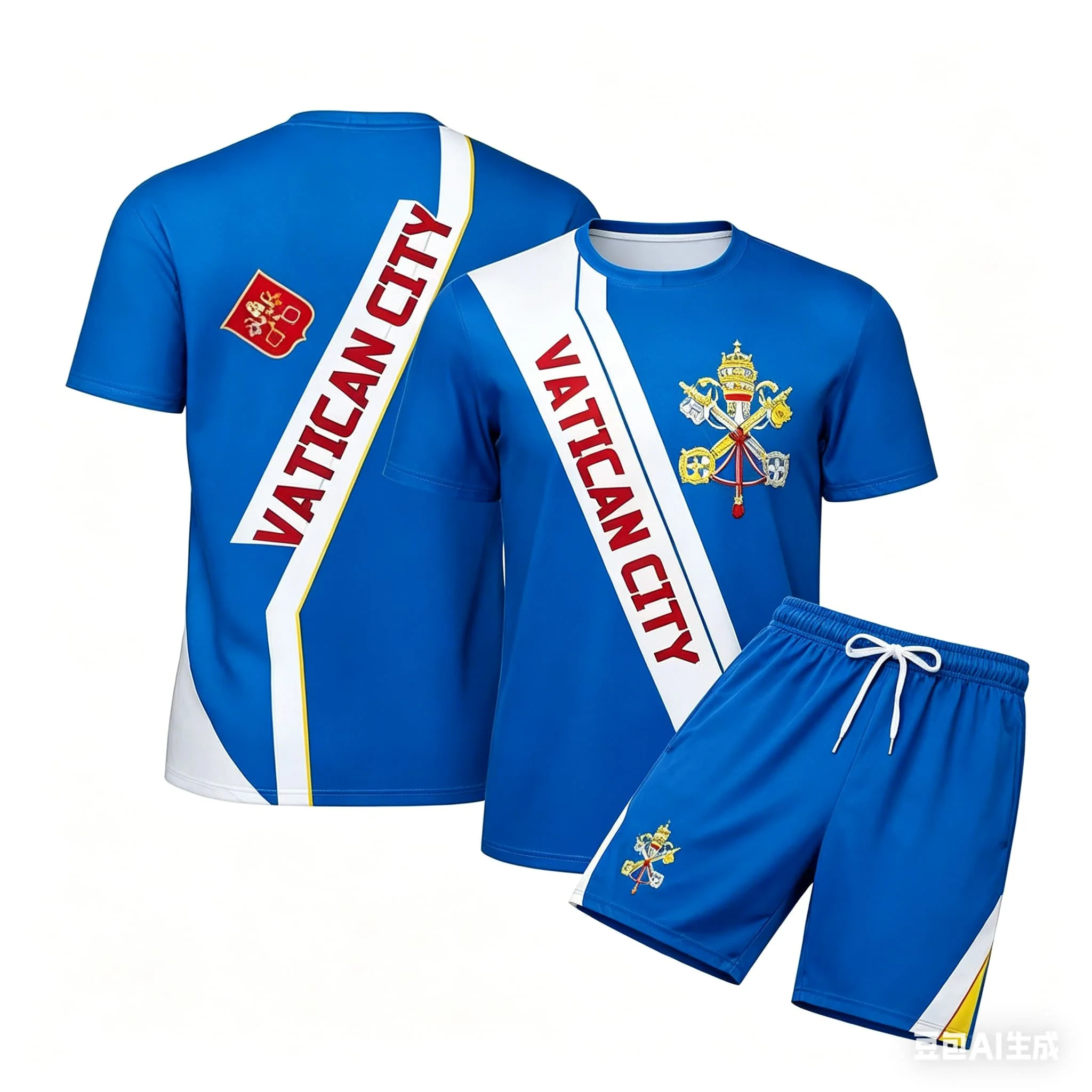 

Fashion Vatican City Flag Football T Shirts Set for Men Trend Summer National Emblem T-shirts Set Loose Breathable Sports Tee