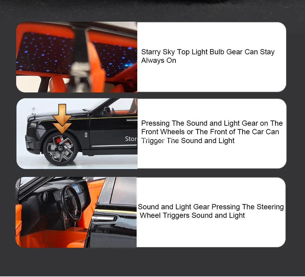 1:24 Alloy Rolls Royce Cullinan XM-Modell, Druckguss-Spielzeugautos, 6 Türen, geöffnete Fahrzeuge, zurückziehbare leichte Musik, Miniaturauto, Kindergeschenk – Detail 7