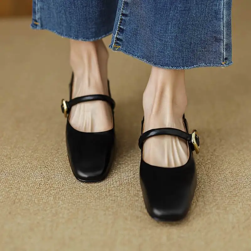 Krazing Pot Sheep Leather Metal Buckle Thick Low Heels Spring Summer Square Toe Mary Janes Women Business Casual Shallow Pumps