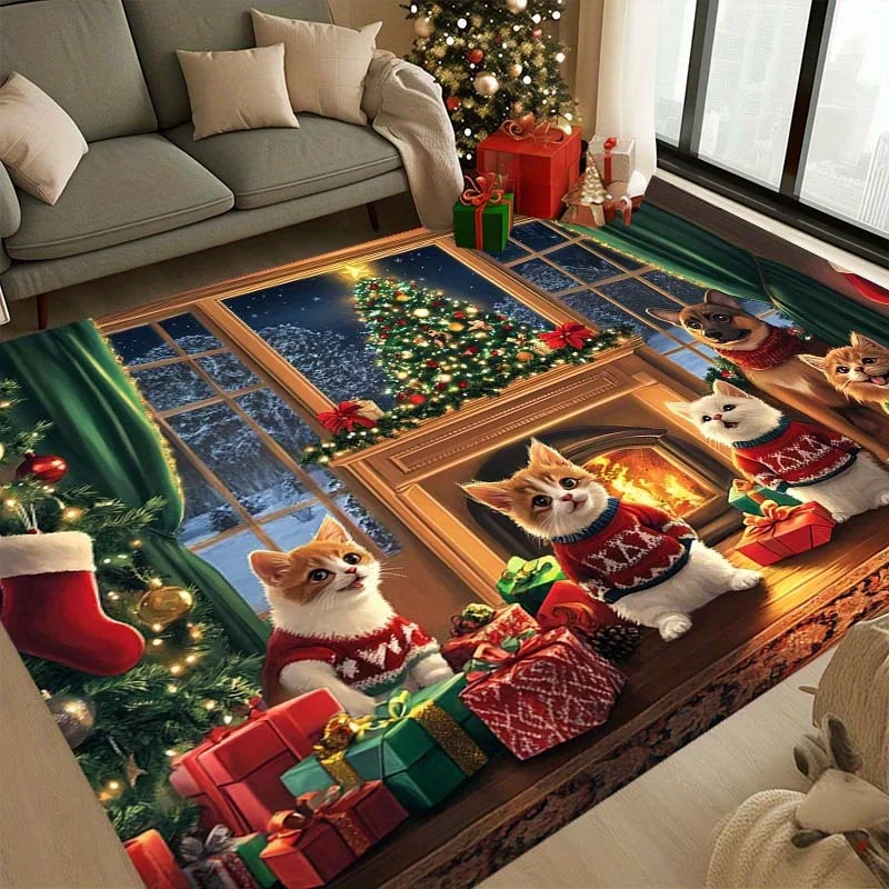 VIKAMA Cute Pet Xmas Large Rug,Anti‑Slip Indoor Mat,Cozy Cats Dogs Fireplace Winter Window Print Carpet for Bedroom Festival Rug