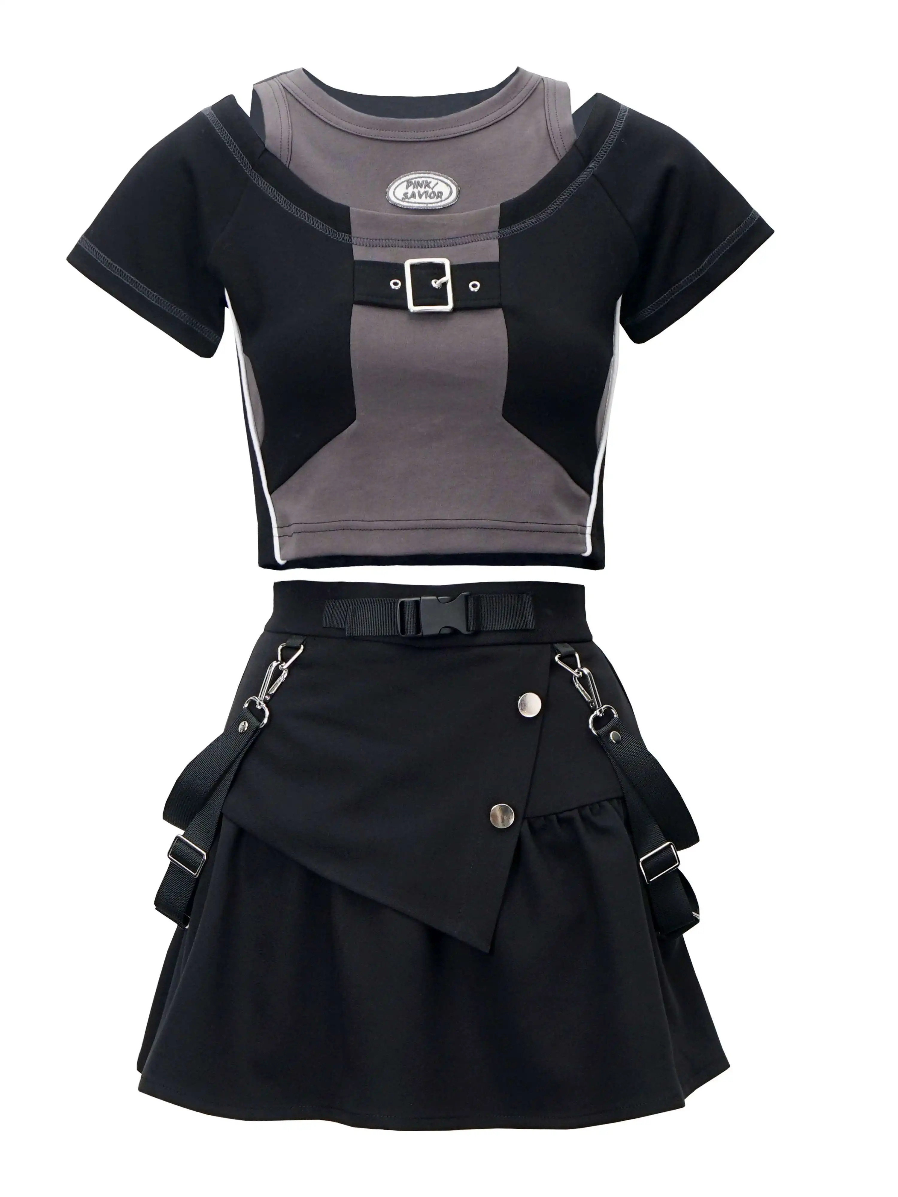 2024 New Summer Casual Female Students Short Sleeve Polo T-shirt Stitching Letter Short Sleeve Top and Black Skirt Suit Outfits