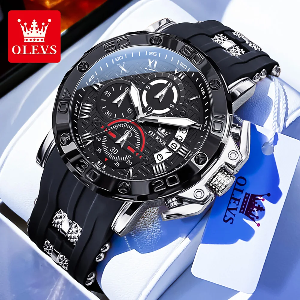 OLEVS 9986 Man Watch Street Style Silicone Strap Men's Watches 51mm Large Dial Chrono Auto Date Original Quartz Watches for Men