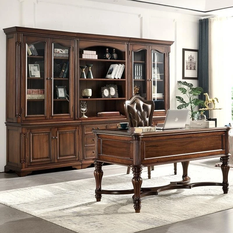 All solid wood floor-to-ceiling study furniture bookcase combination black walnut bookshelf shelf with glass door